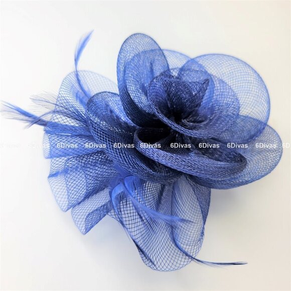 DEEP Blue Floral Hair Clip Fascinator Sinamay Mesh Fascinator- New - Picture 2 of 7